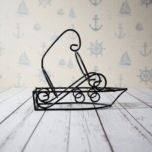 Boat Wine Bottle Holder Black Wrought Iron Metal Nautical Lake Beach Decor Vtg